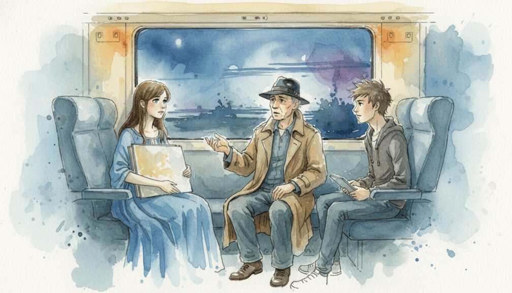 Cuento: "El último tren a medianoche y las vidas entrelazadas en el vagón solitario" 2 Tres pasajeros conversan en un vagón nocturno, una joven pintora, un hombre mayor y un joven viajero, en estilo acuarela.