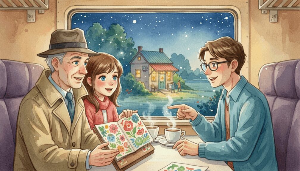 Cuento: "El último tren a medianoche y las vidas entrelazadas en el vagón solitario" 3 Tres pasajeros observan cuadernos de arte y conversan animadamente mientras viajan en tren, con una casa iluminada visible por la ventana.