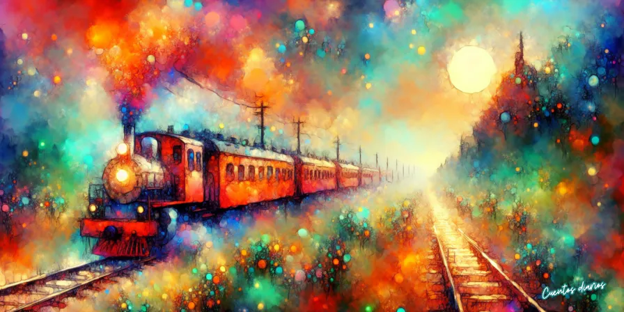Tren nocturno avanzando entre colores intensos bajo un cielo iluminado por la luna, en estilo artístico.