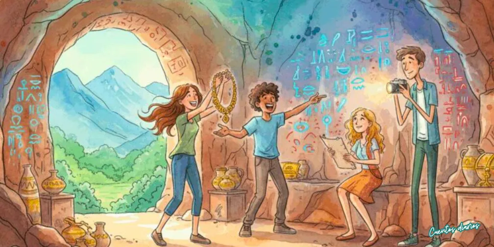 Cuento: "El viaje en carretera y las aventuras inesperadas de cuatro amigos inseparables" 3 Grupo de jóvenes explorando una cueva con jeroglíficos y objetos antiguos.