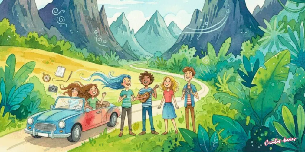 Cuento: "El viaje en carretera y las aventuras inesperadas de cuatro amigos inseparables" 4 Grupo de amigos frente a una selva exuberante y montañas al final de su viaje.