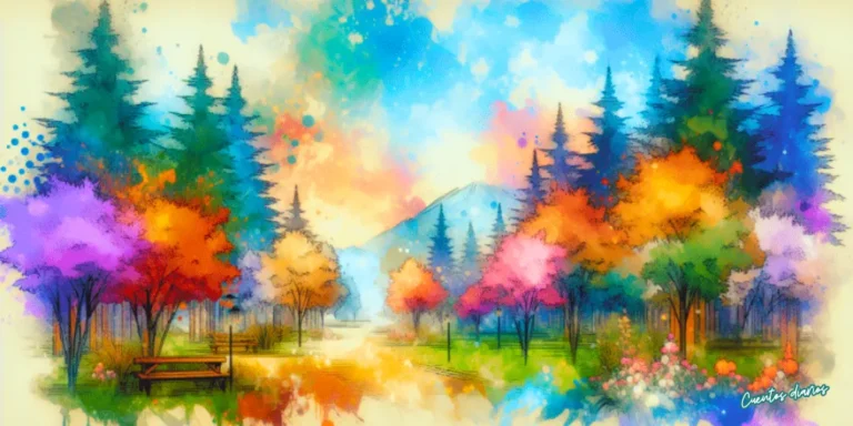 Paisaje colorido de bosque con árboles de otoño y una montaña al fondo.