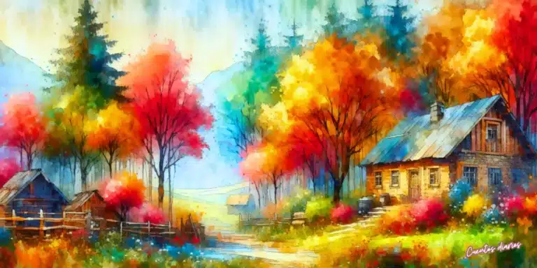 "Cabaña junto a un bosque otoñal con árboles coloridos y senderos iluminados por la luz del día.