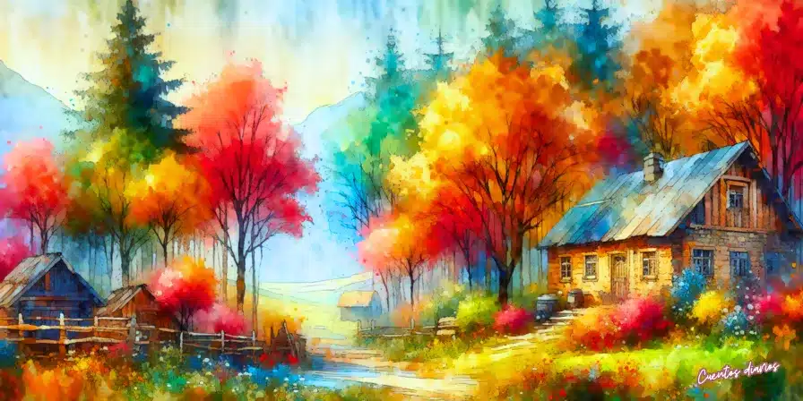 "Cabaña junto a un bosque otoñal con árboles coloridos y senderos iluminados por la luz del día.