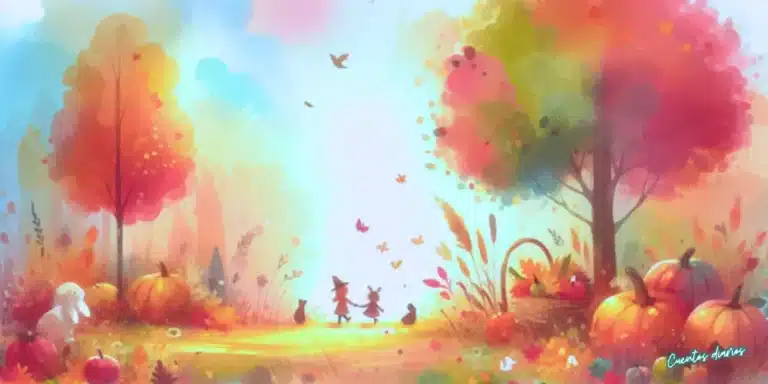 Bosque otoñal con tonos cálidos, árboles de hojas doradas, calabazas y dos pequeñas figuras caminando entre la luz del amanecer, acompañado por animales y un cesto de frutas.