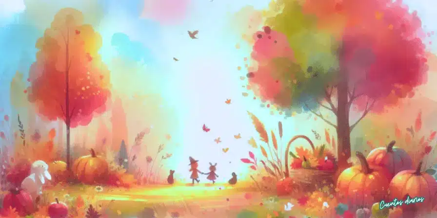 Bosque otoñal con tonos cálidos, árboles de hojas doradas, calabazas y dos pequeñas figuras caminando entre la luz del amanecer, acompañado por animales y un cesto de frutas.