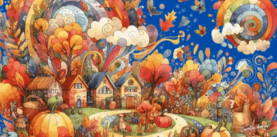 Pueblo colorido en otoño con huerta de calabazas, árboles rojizos y caminos entre casas.