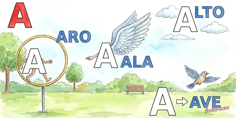 Cuento: "La A que quería ser avión" 7 Dibujo para colorear con la letra A y palabras aro, ala, alto y ave en un parque.