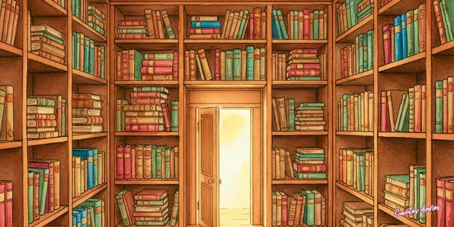 Entrada secreta a una biblioteca oculta rodeada de estanterías repletas de libros antiguos.