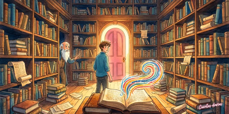 Cuento: "La biblioteca oculta y el libro que revelaba destinos" 3 Joven y anciano observan un libro abierto del que surge un remolino de colores en una biblioteca en acuarela.