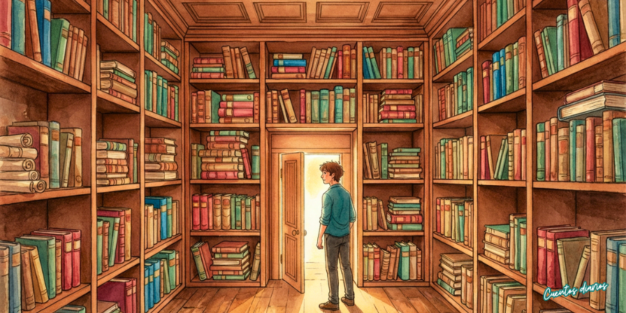 Cuento: "La biblioteca oculta y el libro que revelaba destinos" 2 Joven y anciano observan un libro abierto del que surge un remolino de colores en una biblioteca en acuarela.