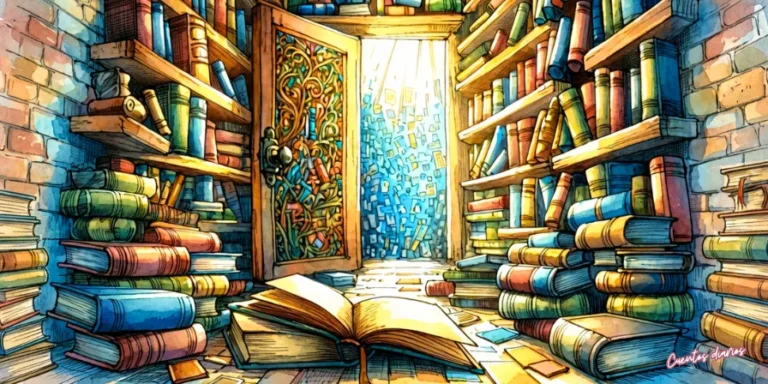 Biblioteca repleta de libros antiguos con una puerta iluminada al fondo y un libro abierto sobre el suelo en estilo acuarela.