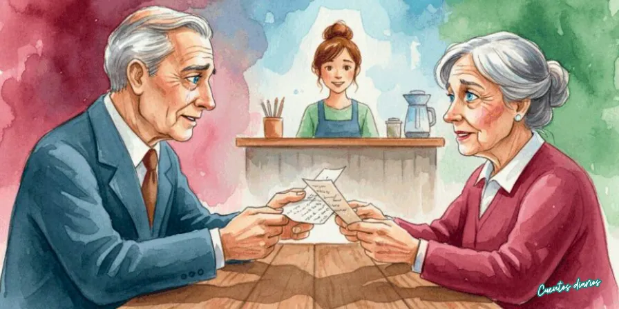 Cuento: "La carta perdida y el encuentro inesperado en el café de la esquina" 2 Acuarela de una pareja mayor conversando en una mesa de café mientras sostienen una carta, con Julia observando desde el fondo.