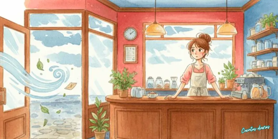 Cuento: "La carta perdida y el encuentro inesperado en el café de la esquina" 3 Acuarela de una barista joven detrás del mostrador de un café mientras entra una ráfaga de viento por la puerta abierta.
