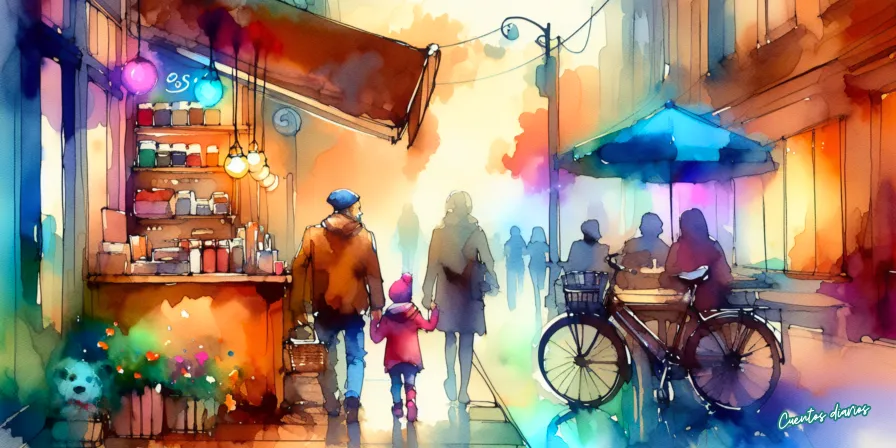 Cuento: "La carta perdida y el encuentro inesperado en el café de la esquina" 1 Acuarela de una calle urbana con una cafetería iluminada, un padre caminando con su hija y mesas exteriores ocupadas.