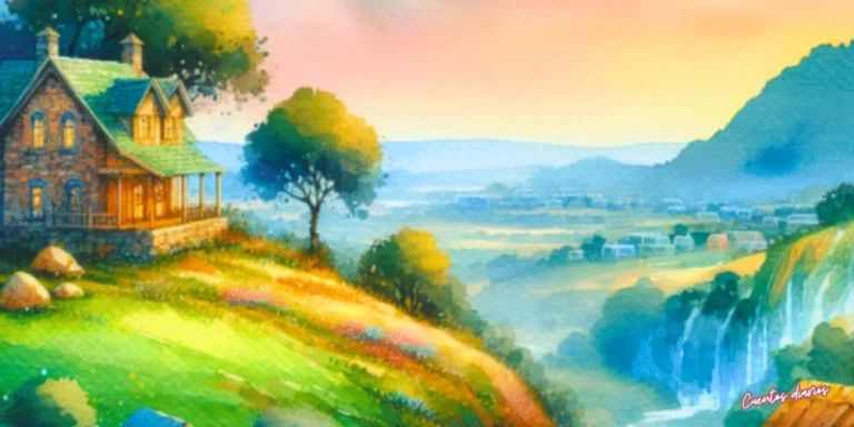 Cabaña de piedra en una colina con vista a cascadas y un valle al atardecer.