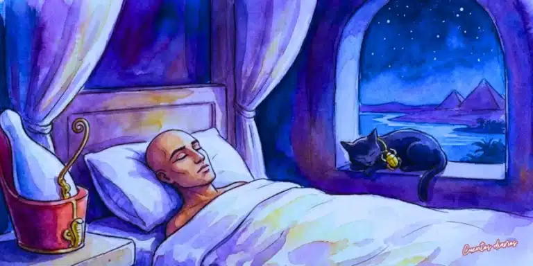 Dibujo en acuarela que muestra al faraón egipcio Menes durmiendo plácidamente en una cama de lino. Su pesada corona doble de oro y rojo reposa en una mesita de piedra a su lado. En la ventana arqueada, un gato negro con un amuleto dorado duerme ovillado frente a un paisaje nocturno del Nilo y las pirámides bajo un cielo estrellado.