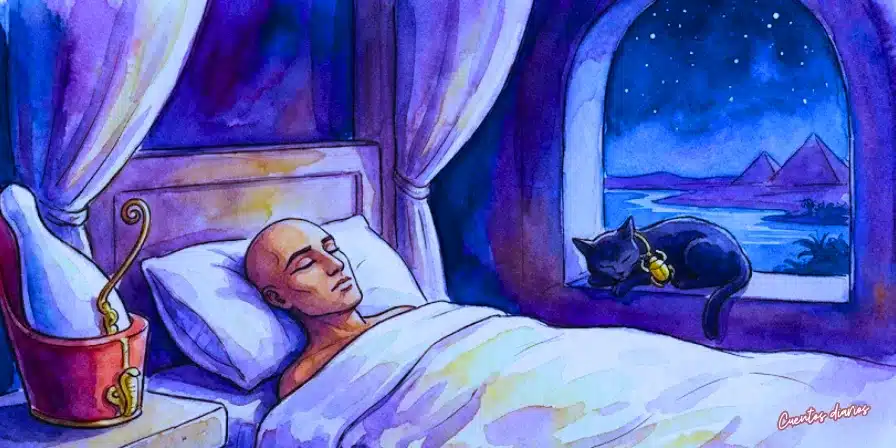 Dibujo en acuarela que muestra al faraón egipcio Menes durmiendo plácidamente en una cama de lino. Su pesada corona doble de oro y rojo reposa en una mesita de piedra a su lado. En la ventana arqueada, un gato negro con un amuleto dorado duerme ovillado frente a un paisaje nocturno del Nilo y las pirámides bajo un cielo estrellado.