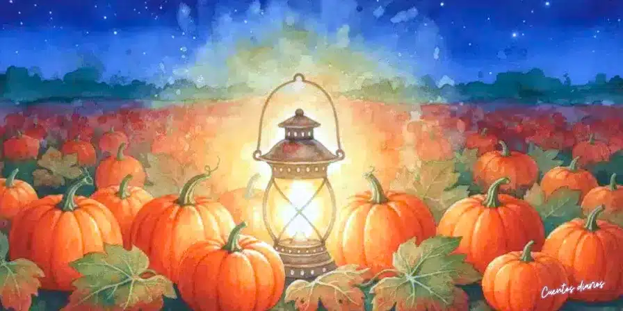 Farol antiguo encendido en una huerta de calabazas bajo el cielo estrellado de otoño