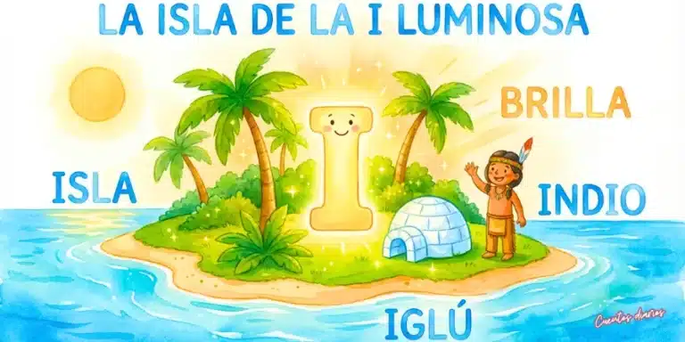 Letra I luminosa en una isla con palmeras, un iglú y un niño indio mientras aparecen palabras con I
