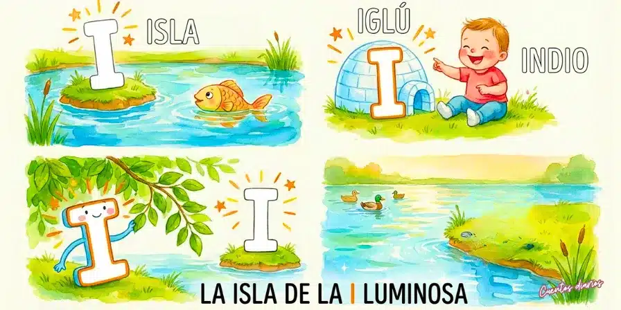 Actividad para colorear con la letra I en escenas de isla, iglú e indio.