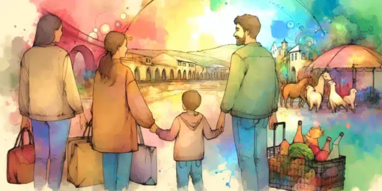 Familia caminando entre neblina hacia la ciudad de San Lúcar con maletas y un mercado colorido.