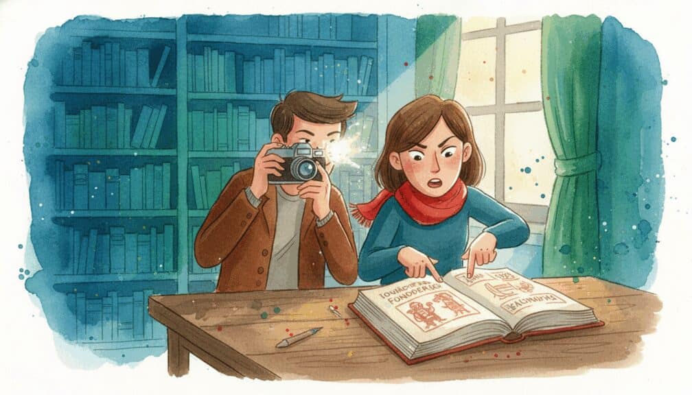 Cuento: "La noche que la ciudad durmió y los secretos salieron a la luz" 2 Periodista revisando un libro antiguo mientras un fotógrafo documenta el hallazgo en una biblioteca.