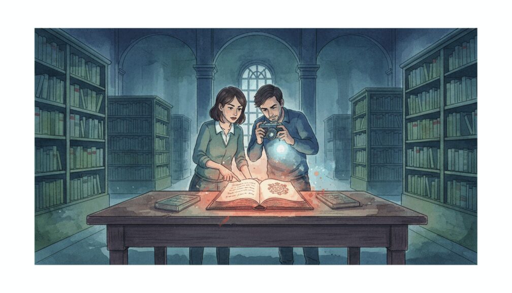 Cuento: "La noche que la ciudad durmió y los secretos salieron a la luz" 3 Periodista y fotógrafo investigando un libro que brilla en una biblioteca oscura.