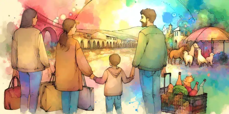 Cuento: "La noche que la ciudad durmió y los secretos salieron a la luz" 1 Familia caminando entre neblina hacia la ciudad de San Lúcar con maletas y un mercado colorido.