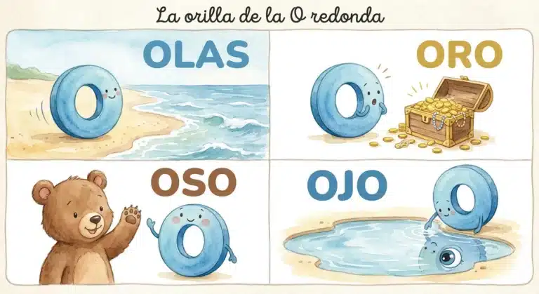Dibujo en acuarelas de la letra O animada en la playa junto a olas, un cofre de oro, un oso amistoso y un charco con su propio reflejo.