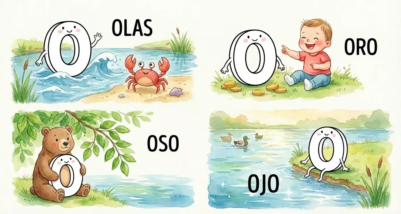 Dibujo de la letra O en blanco para colorear con escenas de olas, oro, un oso y un charco que refleja un ojo..