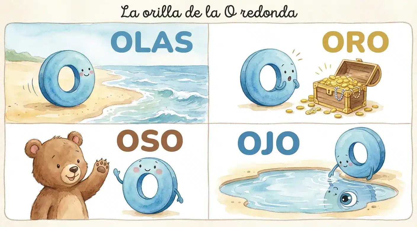 Dibujo en acuarelas de la letra O animada en la playa junto a olas, un cofre de oro, un oso amistoso y un charco con su propio reflejo.