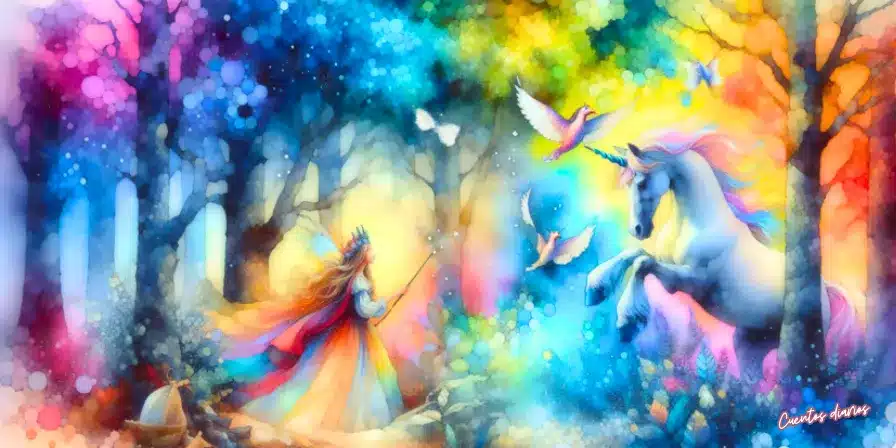 Dibujo en acuarela de una princesa del bosque y un unicornio luminoso rodeados de aves y colores mágicos.