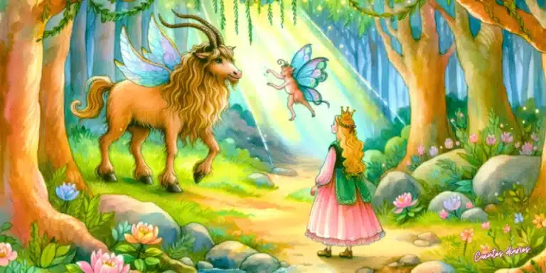 Dibujo en acuarelas de la princesa Isabella, un fauno mágico y un hada en un claro del bosque encantado.