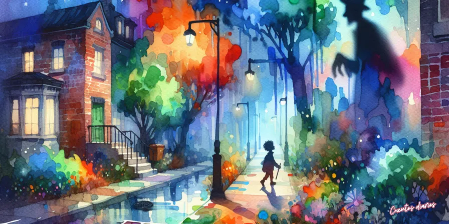 Cuento: "La sombra en el callejón y el detective que nunca descansaba" 1 Acuarela de un niño caminando por una calle nocturna iluminada mientras una sombra gigante con forma humana aparece entre los árboles.