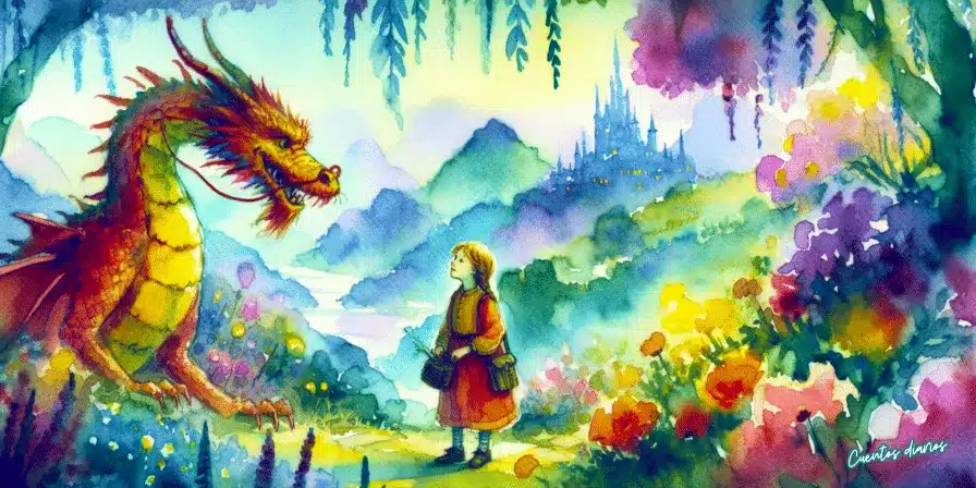 Niña frente a un dragón en un bosque lleno de flores, ilustración en acuarelas del cuento infantil “La travesía de la joven huérfana y el dragón que concedía deseos”.