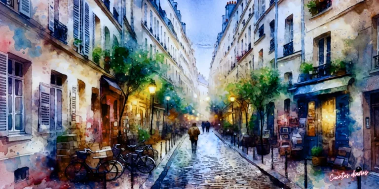 Dibujo en acuarela de un callejón parisino con edificios históricos, bicicletas y luces cálidas al atardecer en el barrio de Montmartre, París.