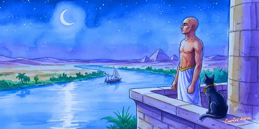 Paisaje nocturno en acuarela del río Nilo fluyendo serenamente bajo un cielo estrellado, con siluetas de pirámides lejanas y reflejos de luna en el agua.
