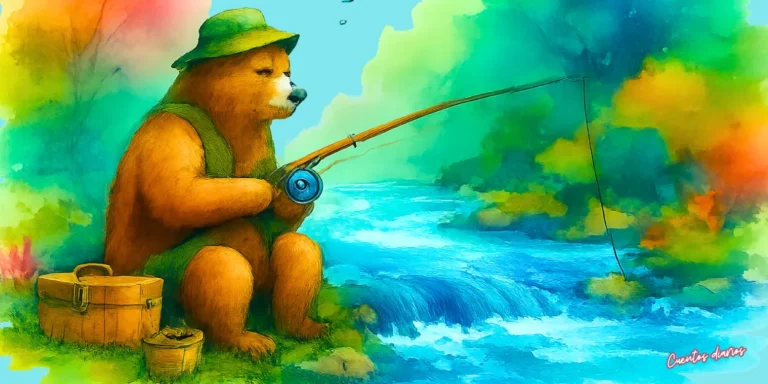 Oso pescador sentado junto al río con caña de pescar en un bosque colorido ilustrado en acuarela,