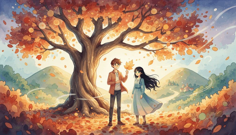 Marco y Celeste bajo un gran árbol otoñal mientras las hojas caen suavemente.