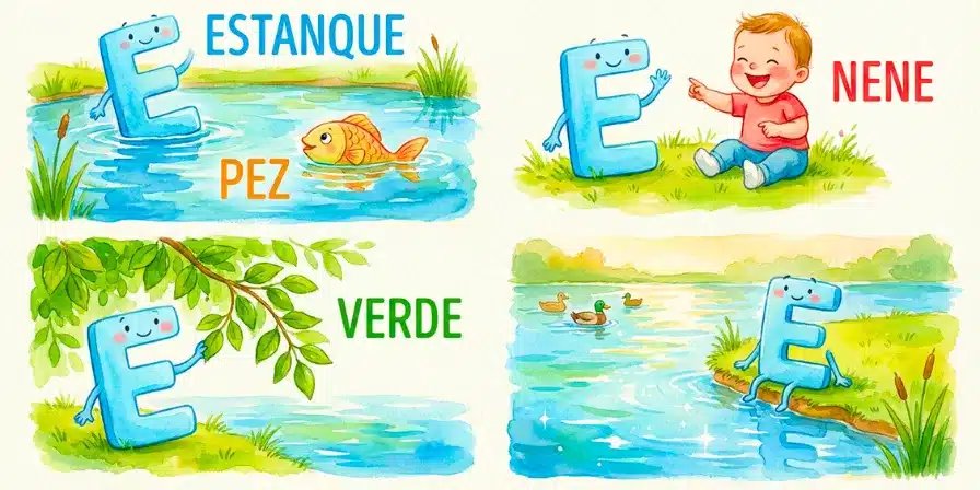 Letra E animada jugando en un estanque con un pez, un nene y elementos verdes del entorno.