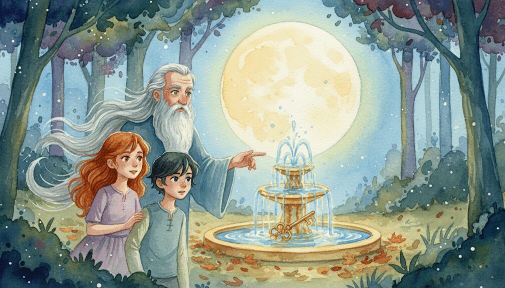 Laura, Diego y el guardián frente a una fuente mágica bajo la luna llena en el bosque.