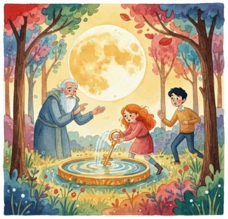 Cuento: "El festival de otoño y la leyenda de la luna de cosecha" 3 Laura extrae la llave dorada de la fuente mágica junto a Diego y el guardián en el bosque.