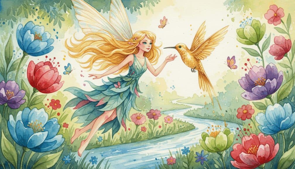 Hada rubia con alas transparentes volando sobre un río mientras saluda a un colibrí dorado.