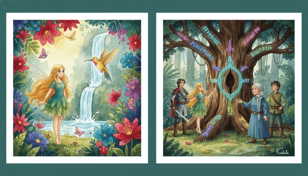 Hada y colibrí dorado junto a una cascada y un grupo de amigos frente a un árbol con runas luminosas.
