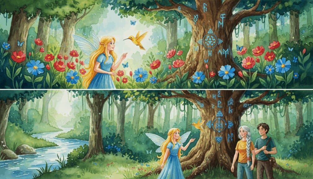 Hada de vestido azul junto a un colibrí dorado y frente a un árbol cubierto de runas mágicas con sus compañeros.