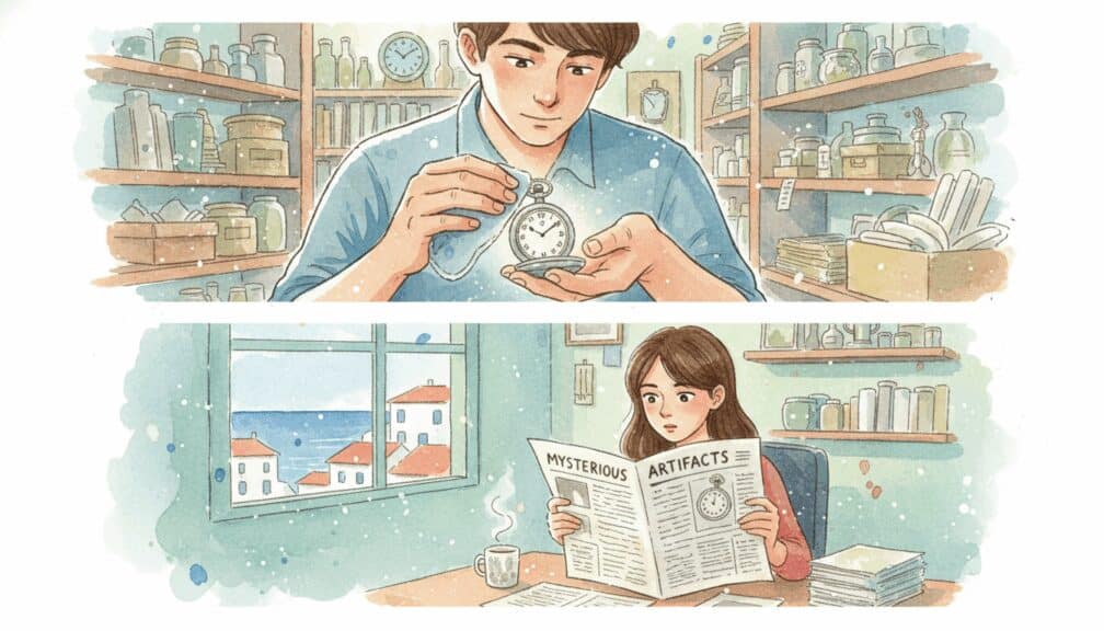 Cuento: "El misterio del reloj antiguo y el hombre que controlaba el tiempo" 2 Hombre examinando un reloj antiguo en una tienda mientras una periodista investiga su origen.