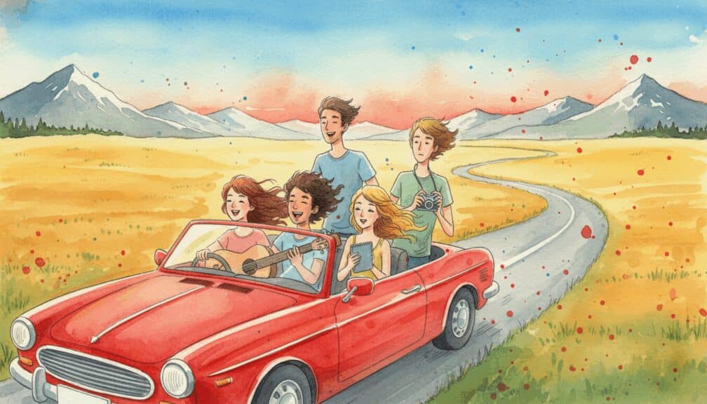 Cuento: "El viaje en carretera y las aventuras inesperadas de cuatro amigos inseparables" 2 Cuatro amigos viajando en coche descapotable por una carretera entre montañas.