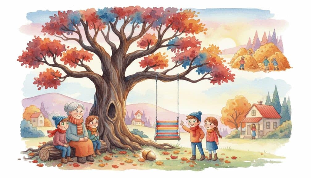 Niños y una abuela sentados bajo un viejo roble otoñal mientras otros juegan cerca del pueblo.