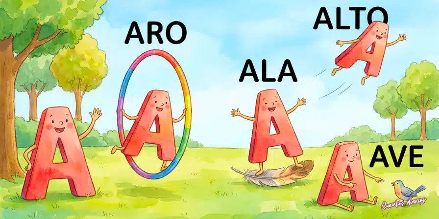 Cuento: "La A que quería ser avión" 1 Dibujo en acuarelas de la letra A animada jugando en un parque con aro, ala, ave y la palabra alto.